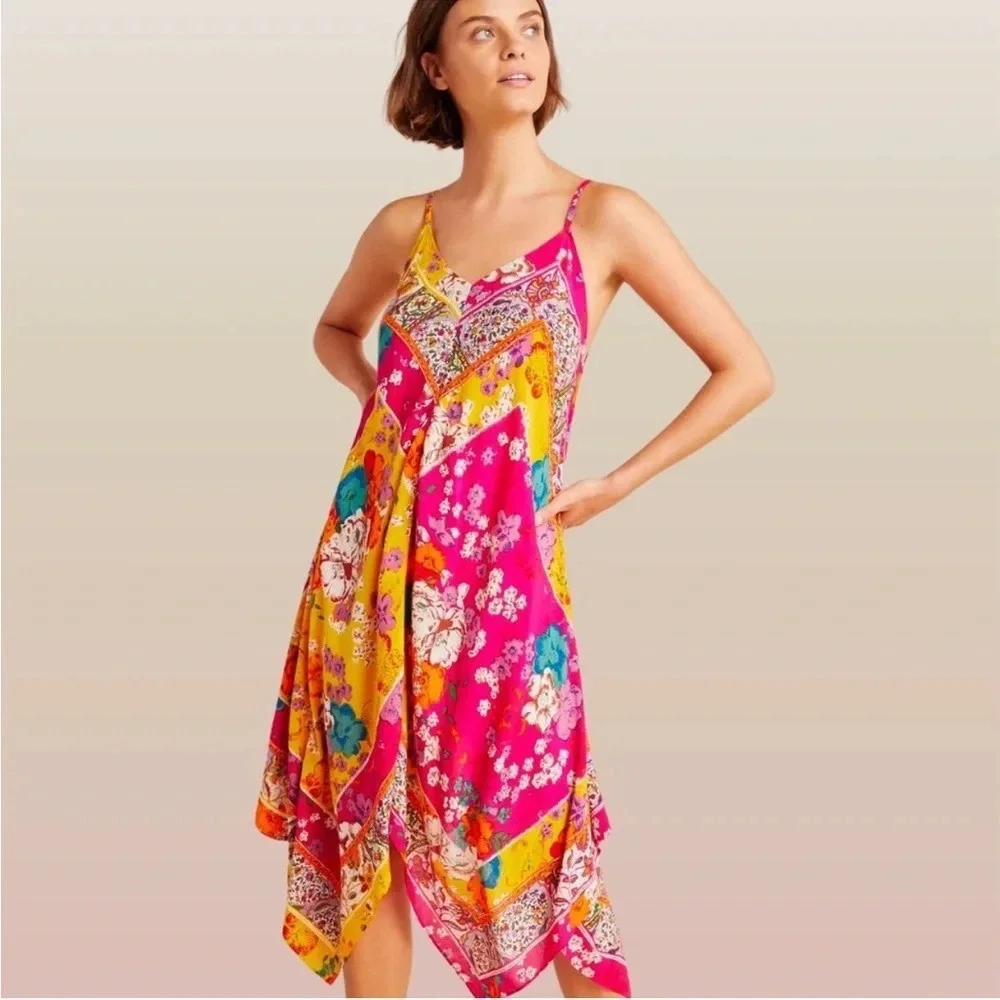 Anthropologie Daria Handkerchief Sleep Midi Dress Multi Floral Asymmetrical XS/S